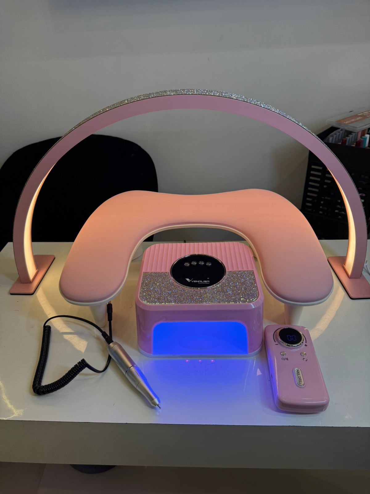 Pink Combo of 4 pieces ( Moonlight, Handrest, Uv lamp,Drill machine )